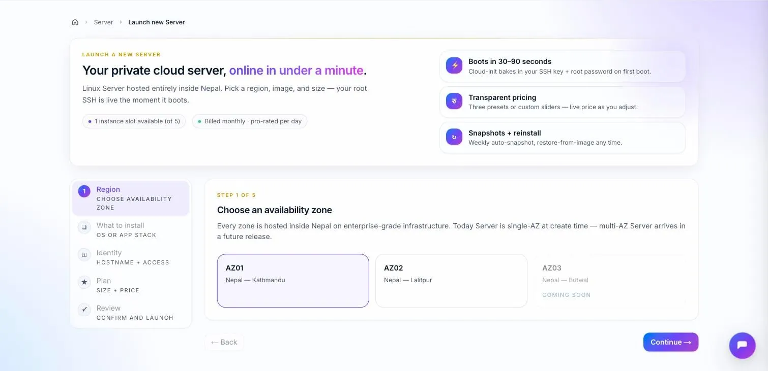 The customer portal's five-step server wizard on its first step, choosing an availability zone
