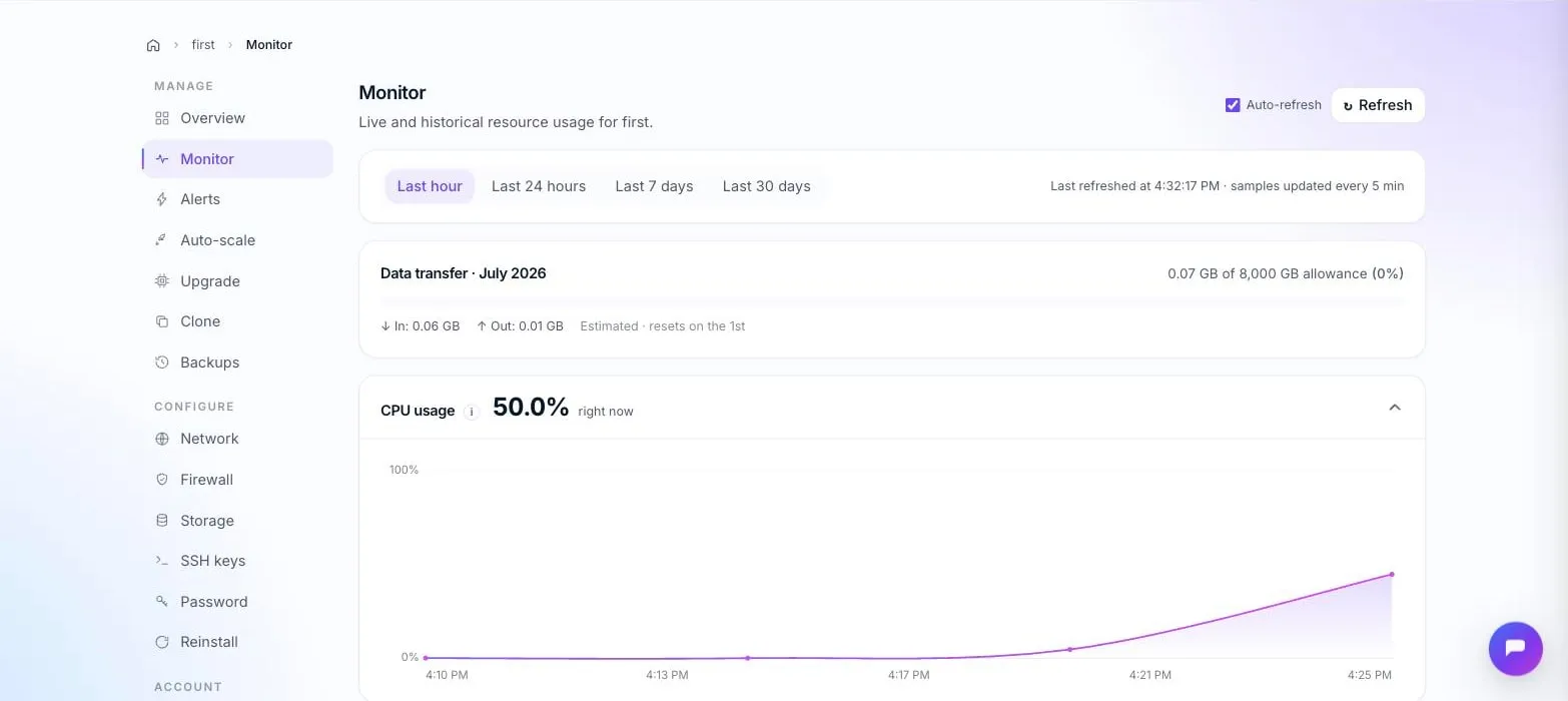 Live monitoring for one cloud server: the month's data transfer and a CPU usage chart for the last hour